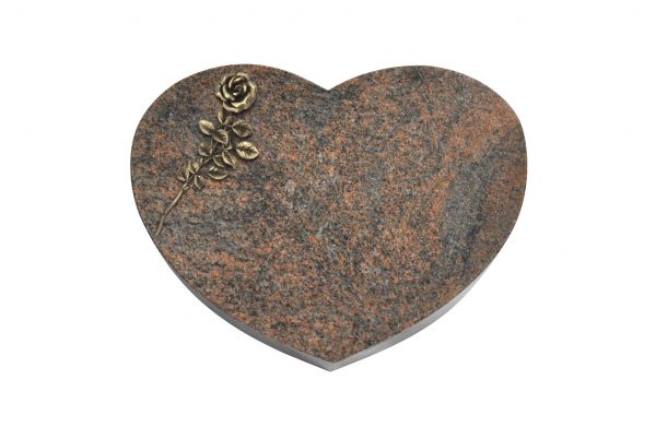 Liegestein Herz, Multicolor Granit, 50cm x 40cm x 10cm, inkl. großer Bronzerose