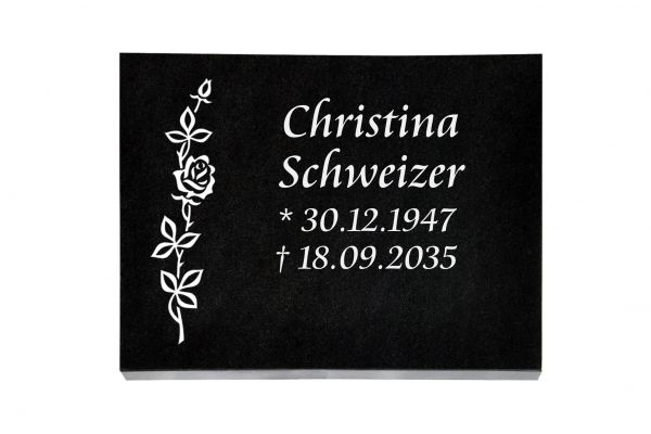 Liegeplatte, Black Granit rechteckig 40cm x 30cm x 3cm, inkl. schmaler Rose