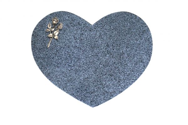 Liegestein Herz, Padang Dark Granit, 50cm x 40cm x 10cm, inkl. kleiner Bronzerose