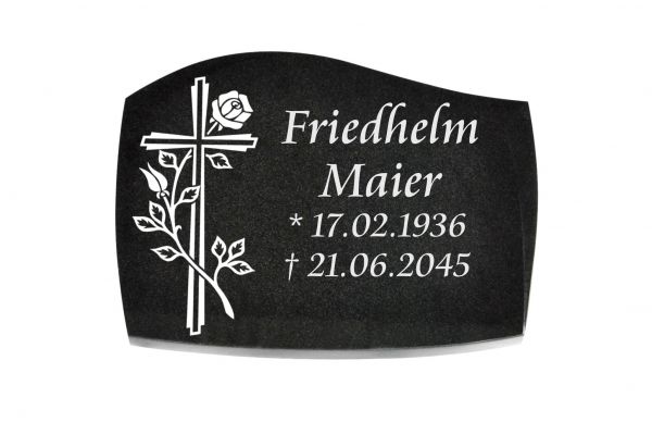Liegeplatte, Black Granit mit Fasen 40cm x 30cm x 3cm, inkl. Kreuz mit Rose