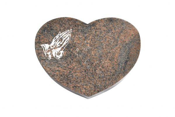 Liegestein Herzform, Multicolor Granit, 40cm x 30cm x 8cm, inkl. betender Hand