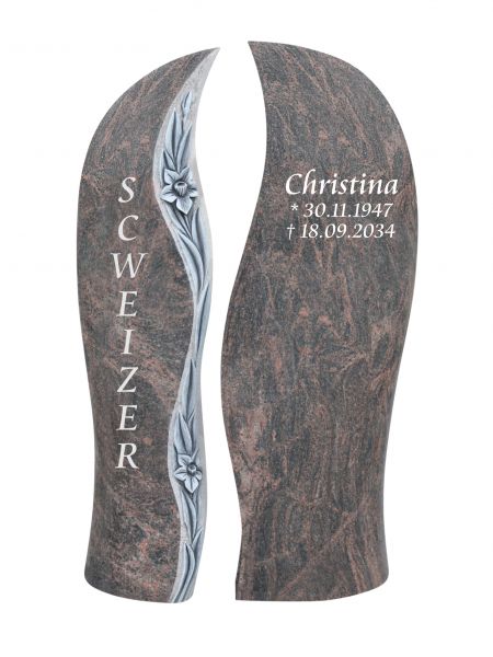 Einzelgrabstein, Indora Granit 110cm x 63cm x 14cm, inkl. gehauener Blumen