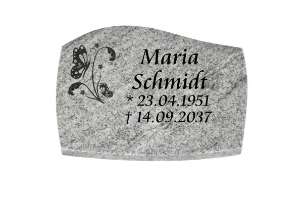 Liegeplatte, Viscount White Granit mit Fasen 40cm x 30cm x 3cm, inkl. Schmetterling auf Blatt