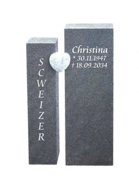 Einzelgrabstein mit hellem Granit Herz 105cm x 59cm x 14cm