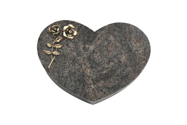 Liegestein Herz, Himalaya Granit, 40cm x 30cm x 8cm, inkl. Bronzerose mit 2 Blüten