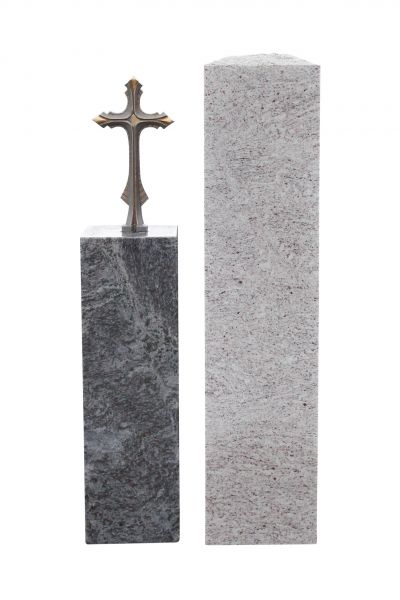 Einzelgrabstein, Orion und Marina Blue Granit 93cm x 42 x 14cm, inkl. Kreuz aus Bronze