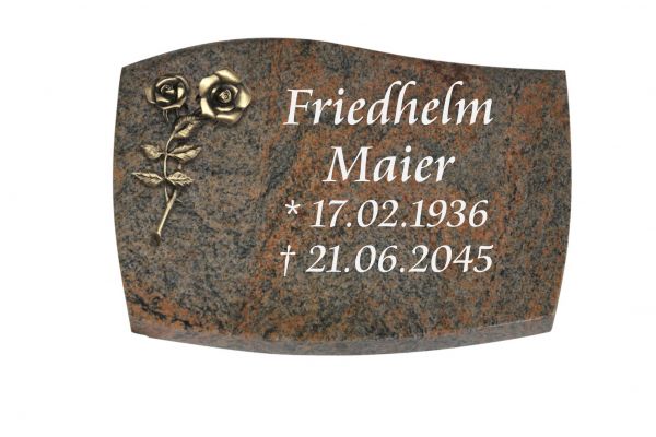 Liegeplatte, Multicolor Granit mit Fasen 40cm x 30cm x 3cm, inkl. Bronzerose mit 2 Blüten