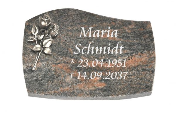 Liegeplatte, Himalaya Granit mit Fasen 30cm x 20cm x 4cm, inkl. Rose aus Bronze