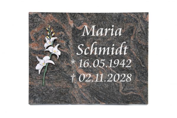 Liegeplatte, Himalaya Granit rechteckig 40cm x 30cm x 3cm, inkl. farbiger Blume aus Bronze