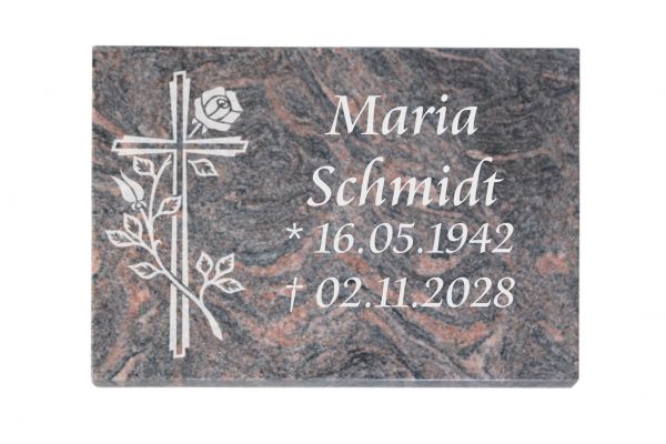 Liegeplatte, Himalaya Granit 40cm x 30cm x 3cm, inkl. Rose und Kreuz