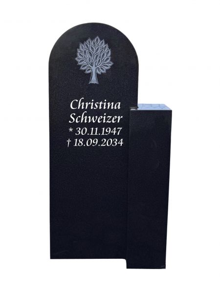 Einzelgrabstein Indien Black Granit, inkl. Baum, 100 cm x 47cm x 14cm
