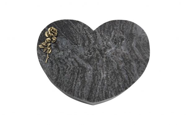 Liegestein Herz, Orion Granit, 40cm x 30cm x 8cm, inkl. Bronzerose mit einer Blüte