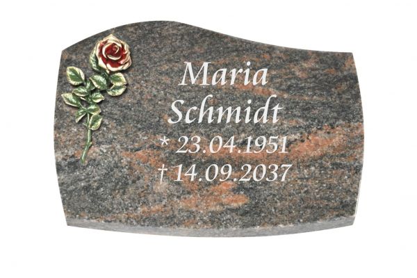 Liegeplatte, Himalaya Granit mit Fasen 30cm x 20cm x 4cm, inkl. farbiger Bronzerose