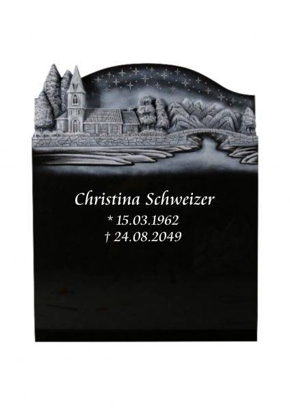 Einzelgrabstein mit Kirche & Sternenhimmel, Black Granit 95cm x 60cm x 14cm