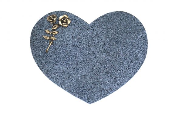 Liegestein Herz, Padang Dark Granit, 50cm x 40cm x 10cm, inkl. Bronzerose mit 2 Blüten