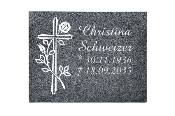 Liegeplatte, Padang Dark Granit rechteckig 40cm x 30cm x 3cm, inkl. Rose und Kreuz