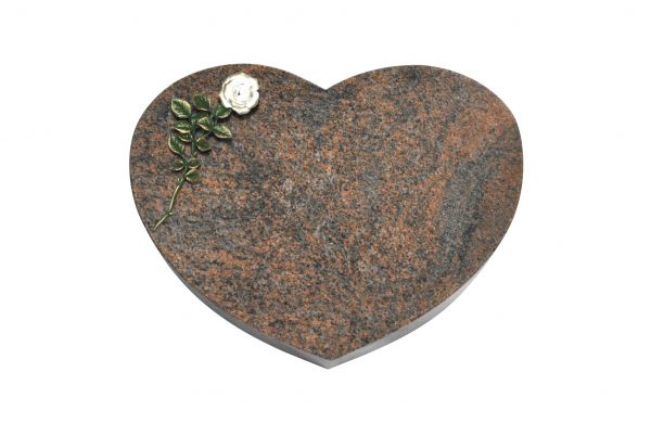 Liegestein Herz, Multicolor Granit, 50cm x 40cm x 10cm, inkl. weisser Bronzerose