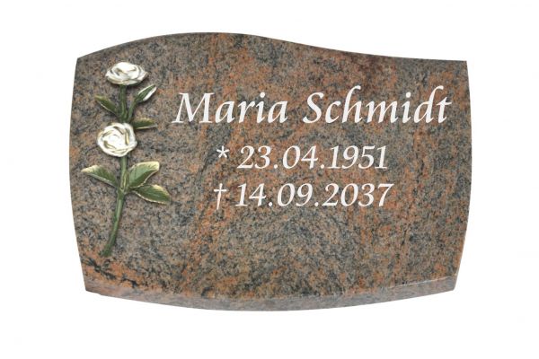 Liegeplatte, Multicolor Granit mit Fasen 30cm x 20cm x 4cm, inkl. zweifarbigen Rose