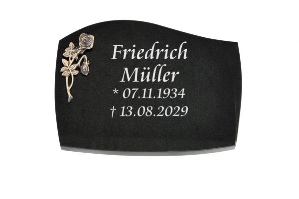 Liegeplatte, Black Granit mit Fasen 40cm x 30cm x 3cm, inkl. Knick Bronzerose