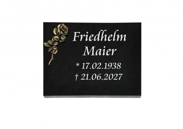 Liegeplatte, Indien Black Granit rechteckig 40cm x 30cm x 3cm, inkl. Rose aus Bronze