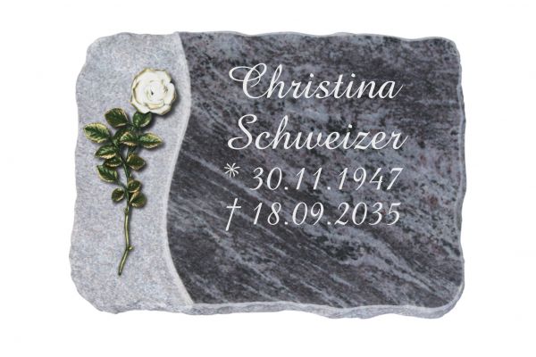 Liegeplatte, Orion Granit gesprengte Seiten 40cm x 30cm x 4cm, inkl. weisser Rose