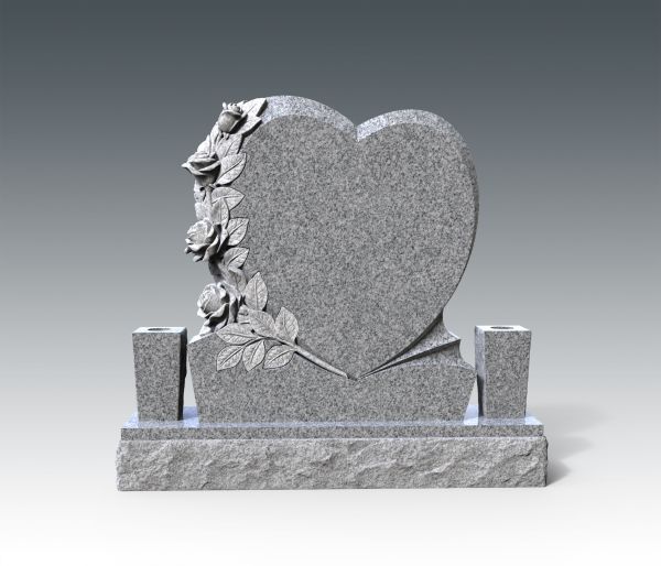 Urnengrabstein in Herzform mit Rosen & Vasen, Viscount White Granit 80cm x 50cm x 14cm