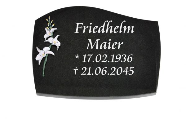 Liegeplatte, Black Granit mit Fasen 40cm x 30cm x 3cm, inkl. Lilie aus Bronze