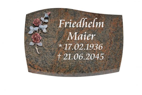 Liegeplatte, Multicolor Granit mit Fasen 40cm x 30cm x 3cm, inkl. farbiger Rose aus Bronze